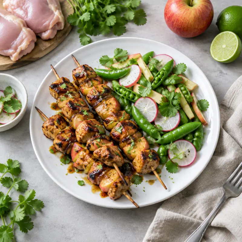 Grilled Apple BBQ Chicken Skewers with Snap Pea, Lime & Radish Salad, plated