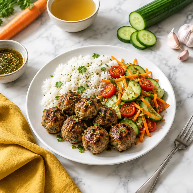 Grilled Asian Pork Meatballs with Rice & Cucumber-Tomato-Carrot Salad, plated