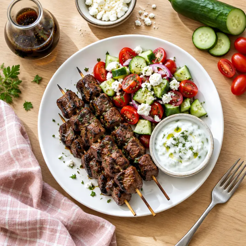 Grilled Balsamic Steak Skewers with Greek Salad & Tzatziki Sauce, plated