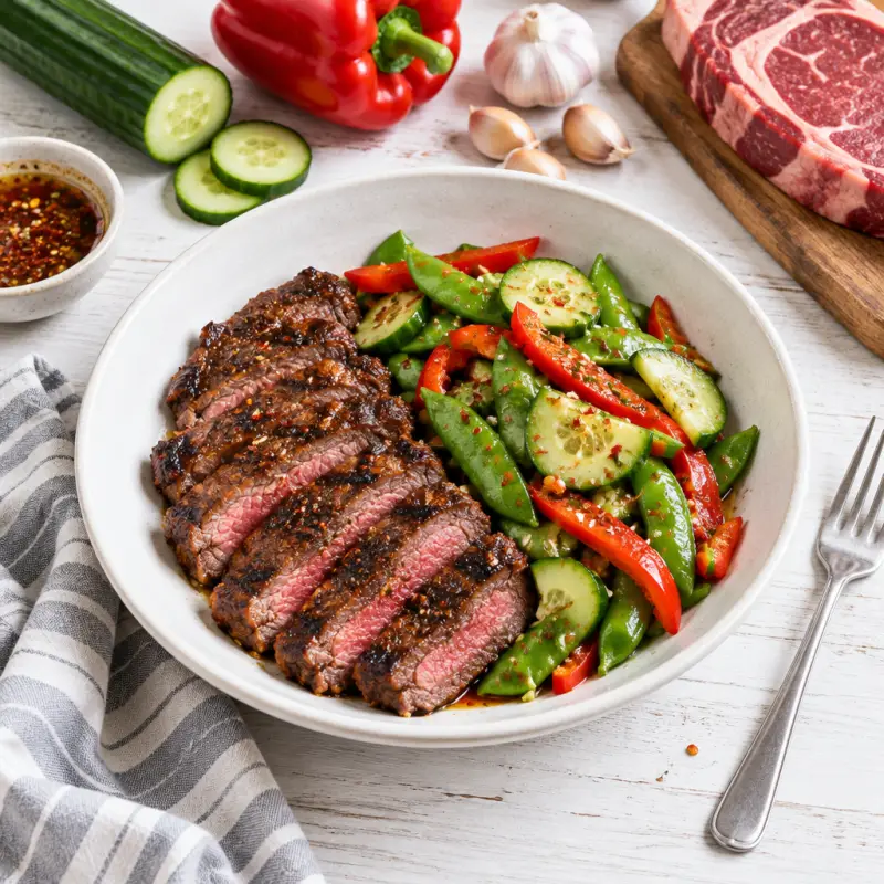 Grilled Brown Sugar-Chili Steak with Cucumber, Pepper & Snap Pea Salad, plated