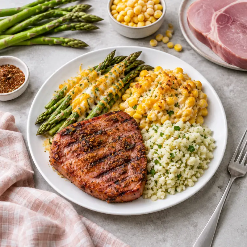 Grilled Cajun Ham with Cheesy Asparagus, Cauliflower Rice & Corn Bake, plated
