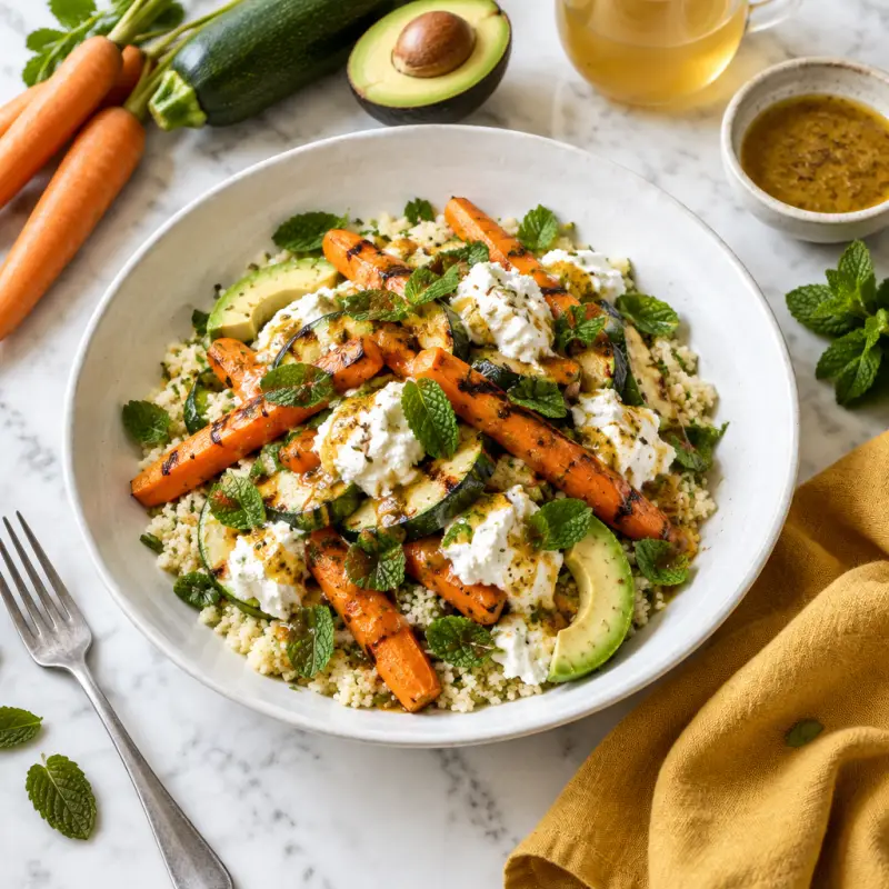 Grilled Carrot-Zucchini Salad with Cumin Dressing, Couscous & Ricotta, plated