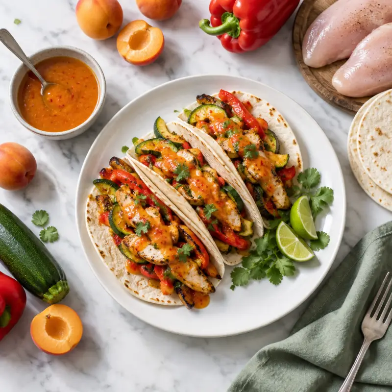 Grilled Chicken, Bell Pepper & Zucchini Tacos with Spicy Apricot Sauce, plated