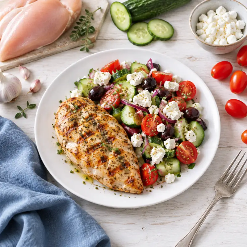 Grilled Chicken Breast with Greek Salad, plated
