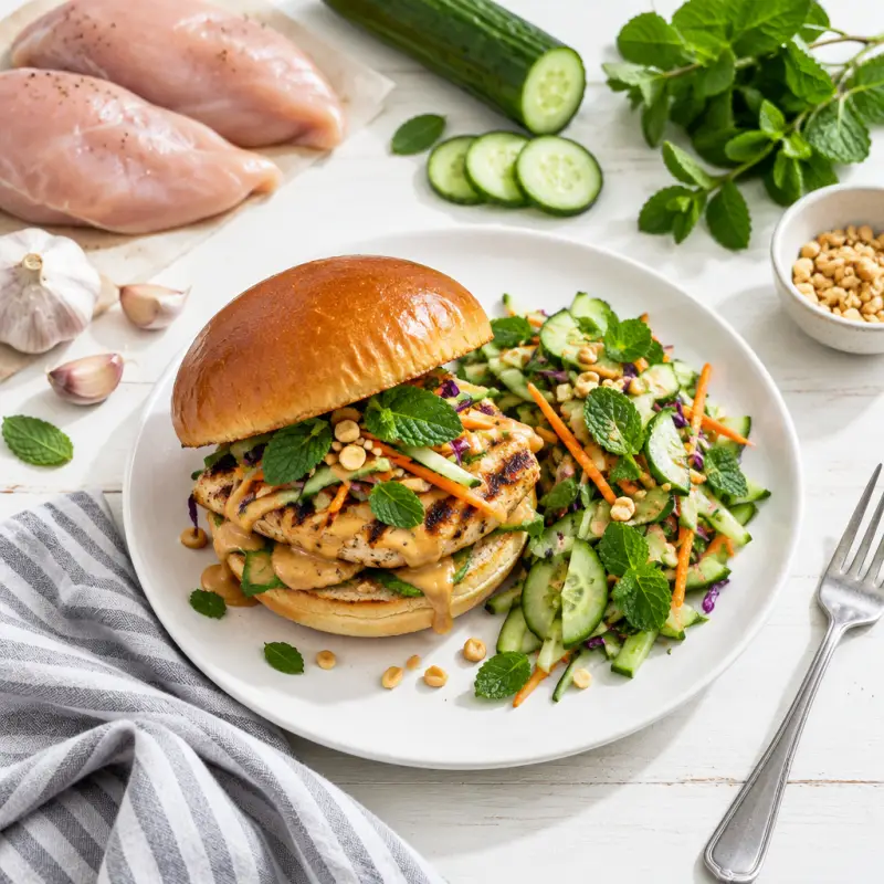 Grilled Chicken Burger with Peanut Sauce & Crunchy Mint-Veggie Salad, plated
