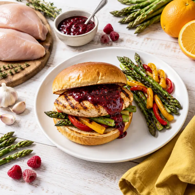 Grilled Chicken Burger with Raspberry BBQ Sauce, Asparagus & Peppers, plated