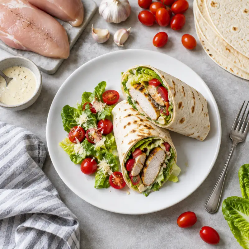 Grilled Chicken Caesar Wrap with Grape Tomatoes, plated