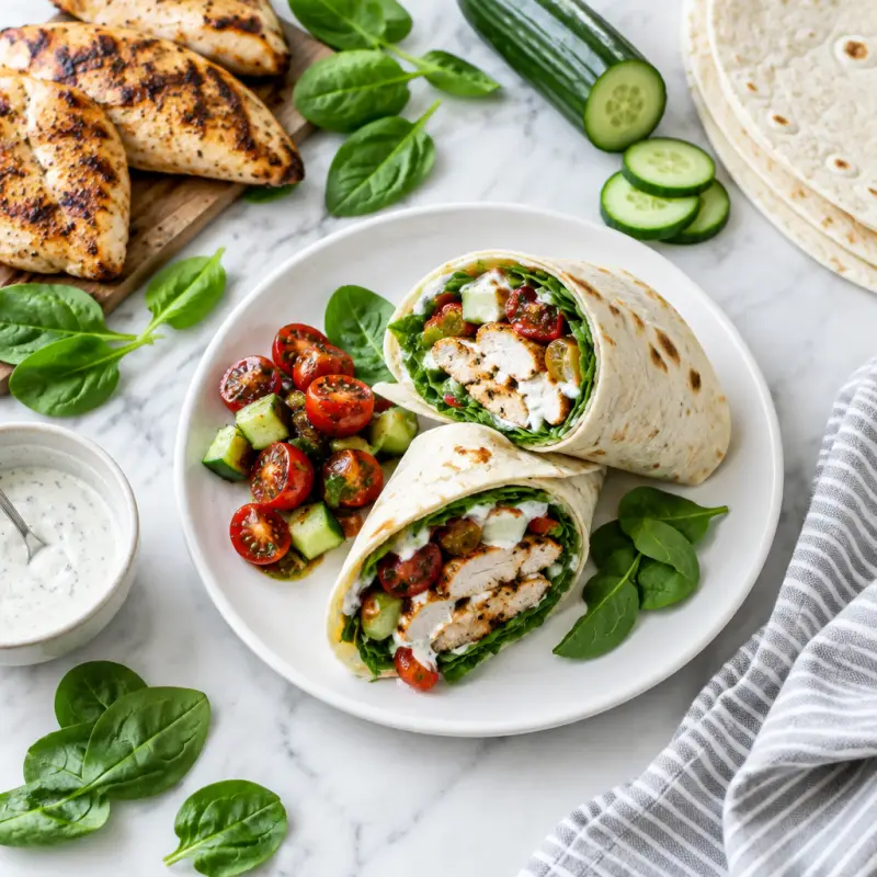 Grilled Chicken Ranch Wraps with Balsamic Tomatoes & Cucumbers, plated