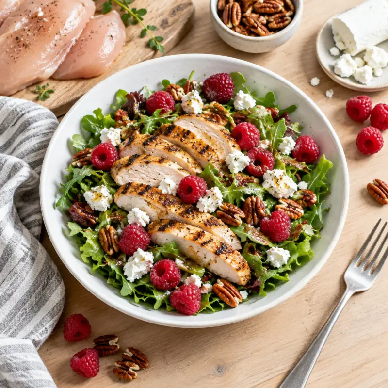 Grilled Chicken Salad with Goat Cheese, Fresh Raspberries & Pecans, plated