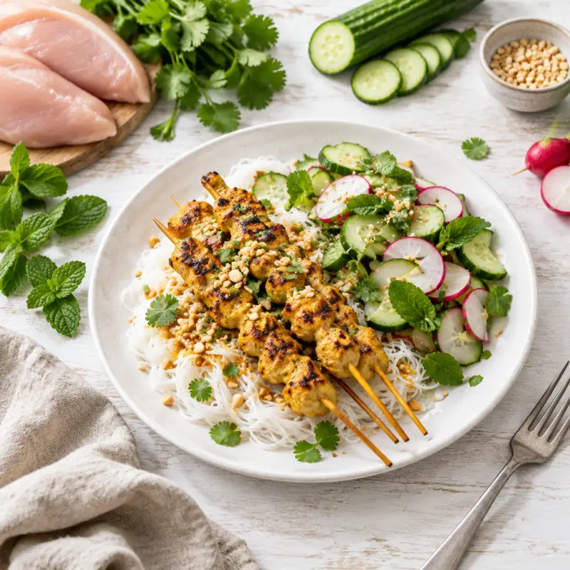 Grilled Chicken Satay over Rice Noodles with Cucumber & Radish Salad, plated