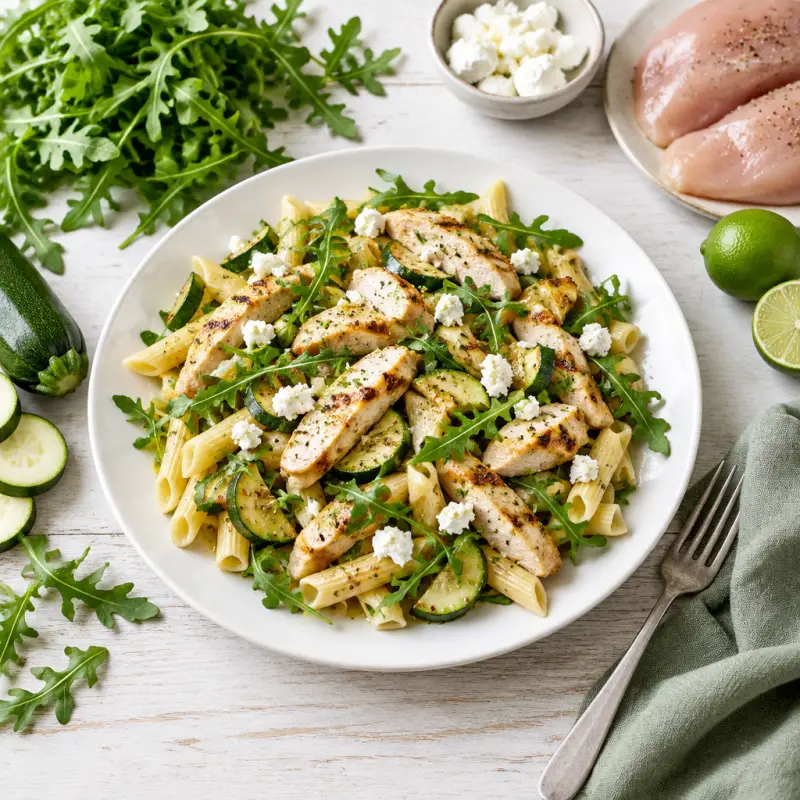 Grilled Chicken, Zucchini & Arugula Pasta Salad with Goat Cheese, plated