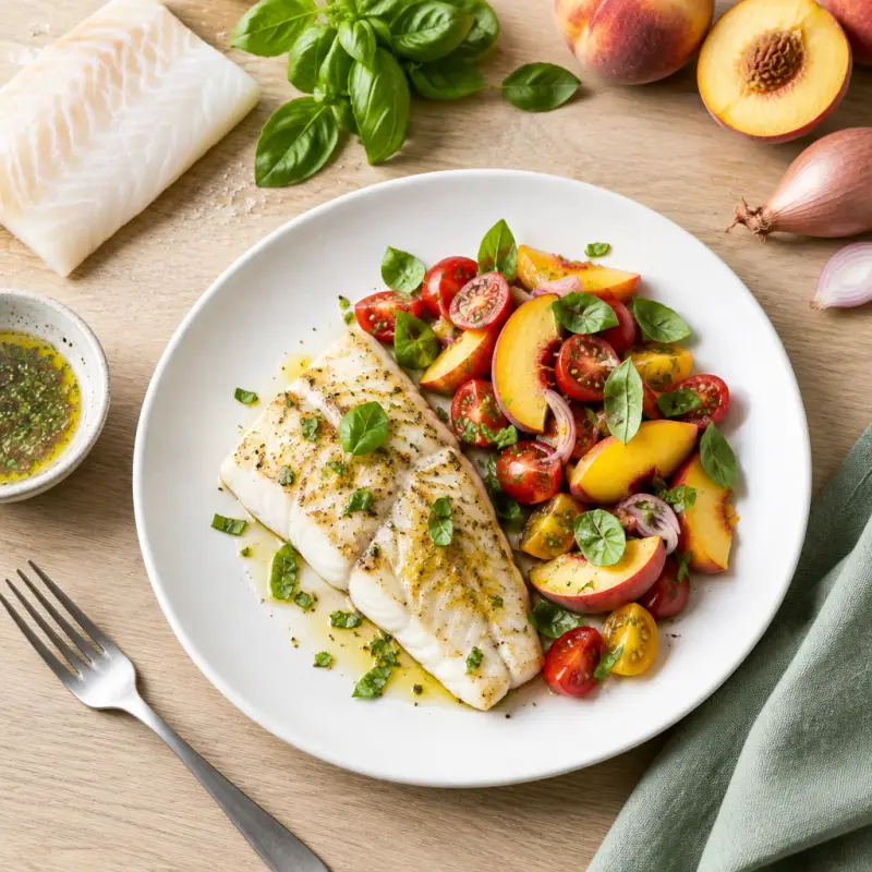 Grilled Cod with Peach, Tomato & Basil Salad, plated