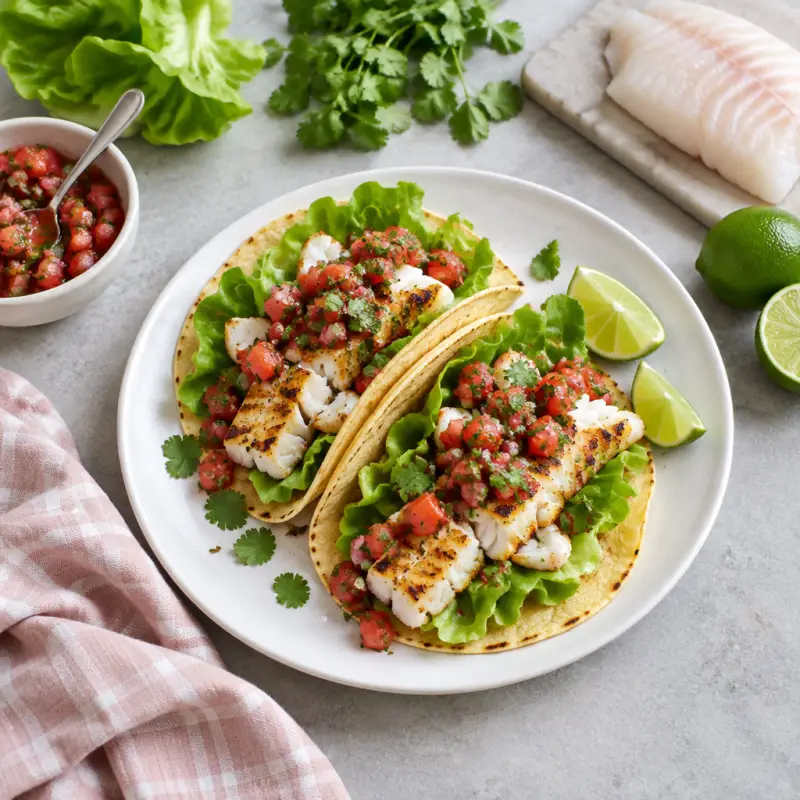 Grilled Cod Tacos with Spicy Tomato-Cilantro Salsa & Lettuce, plated