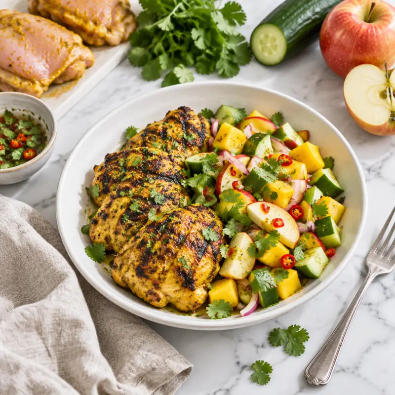 Grilled Curry Chicken with Spicy Apple, Mango & Cucumber Salad, plated