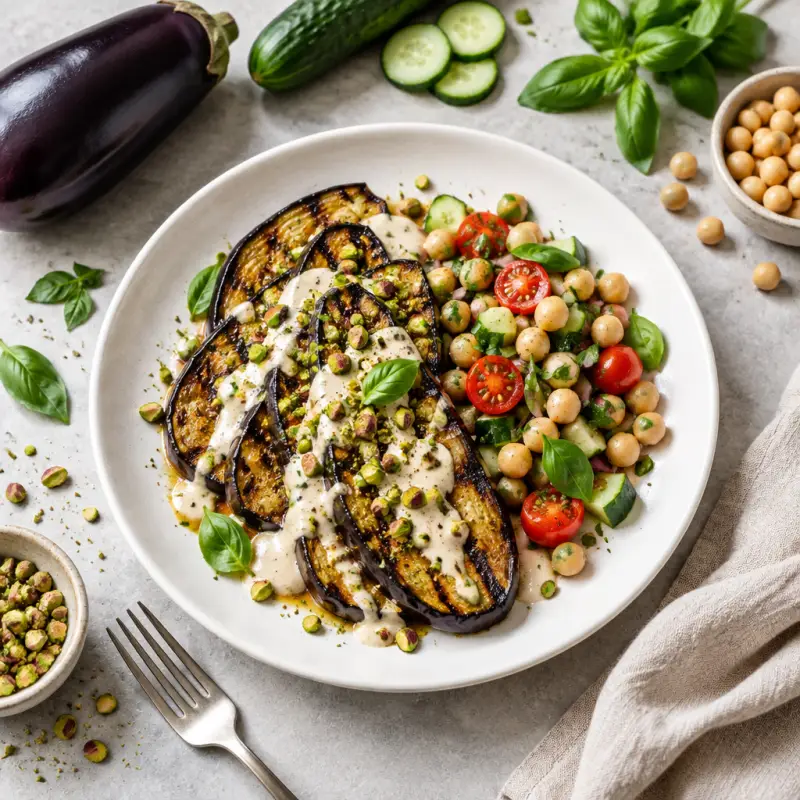Grilled Eggplant with Garlic-Tahini Sauce, Pistachios & Chickpea Salad, plated