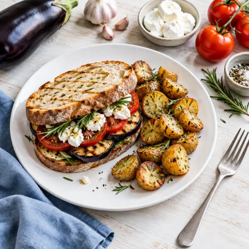 Grilled Eggplant Sandwich with Tomato, Goat Cheese & Rosemary Potatoes, plated
