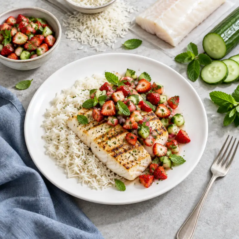 Grilled Fish & Basmati Rice with Strawberry, Cucumber & Mint Salsa, plated