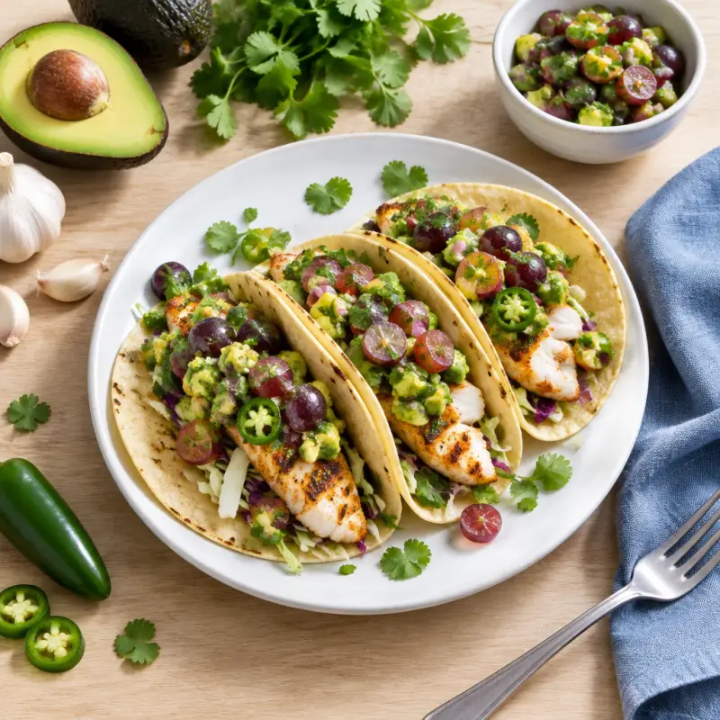 Grilled Fish Tacos with Spicy Avocado, Grape & Cilantro Salsa, plated