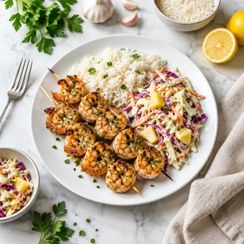 Grilled Garlic Shrimp Skewers with "Piña Colada" Coleslaw & Rice, plated