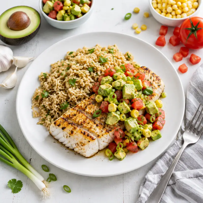 Grilled Halibut with Cumin Rice & Green Onion-Avocado Salsa, plated