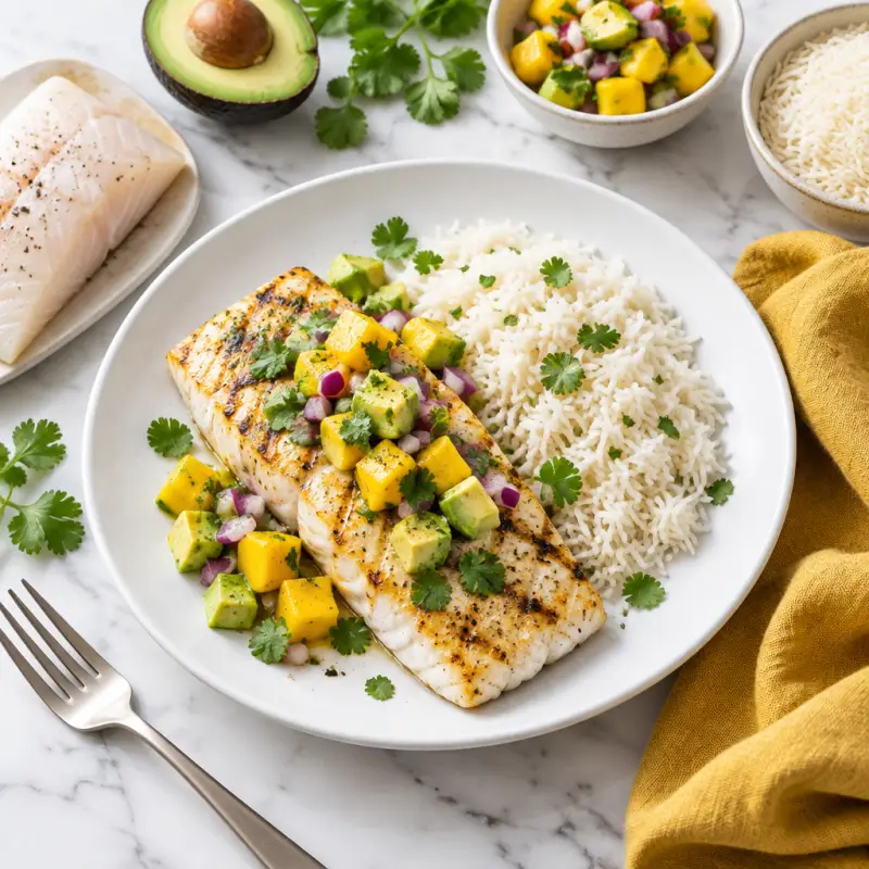 Grilled Halibut with Mango-Avocado Salsa & Basmati Rice, plated