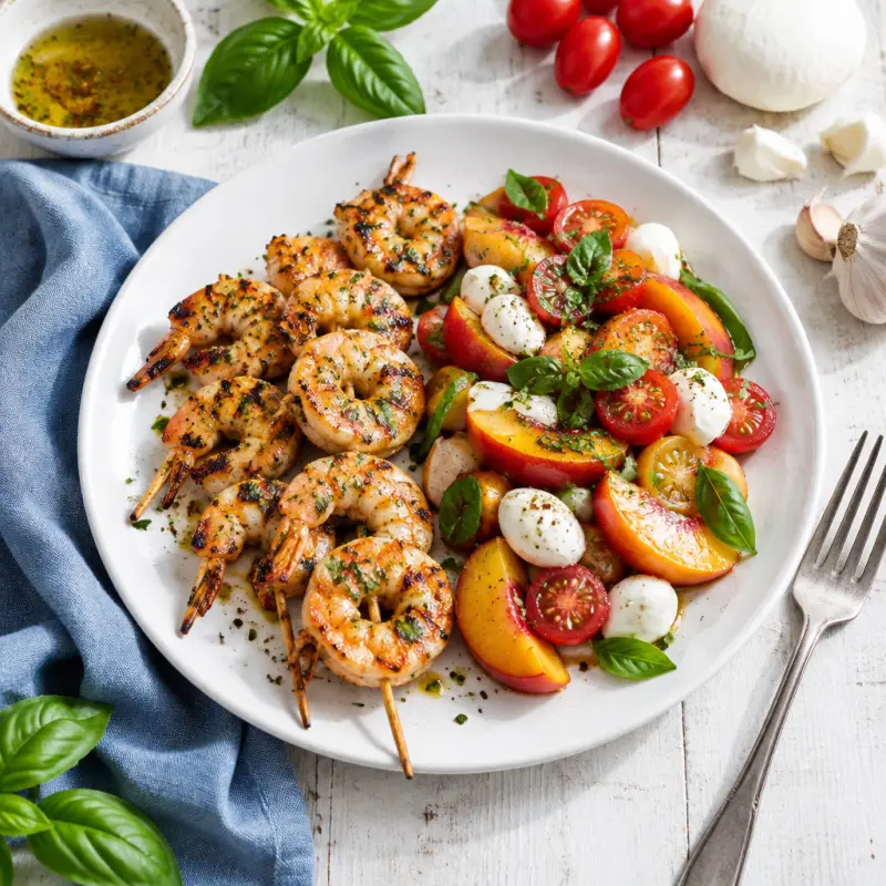 Grilled Lemon Shrimp Skewers with Peach & Tomato Caprese Salad, plated