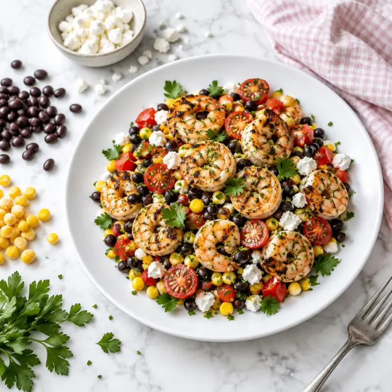 Grilled Lime Shrimp with Black Bean, Corn, Pepper, Tomato & Feta Salad, plated