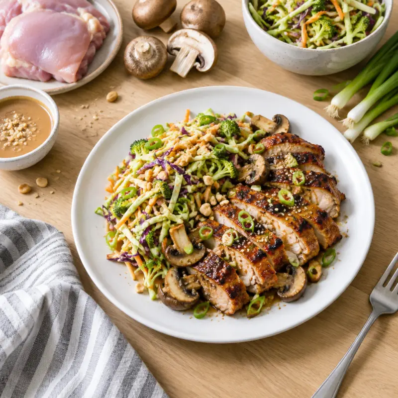 Grilled Miso Chicken & Mushrooms with Peanut-Broccoli Slaw, plated