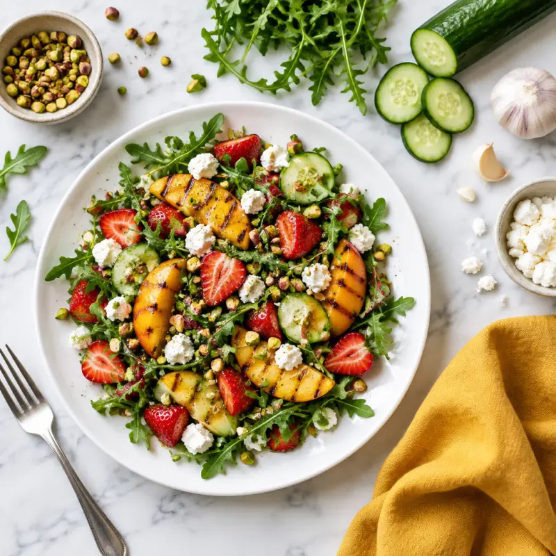 Grilled Peach, Strawberry & Arugula Salad with Pistachios & Goat Cheese, plated