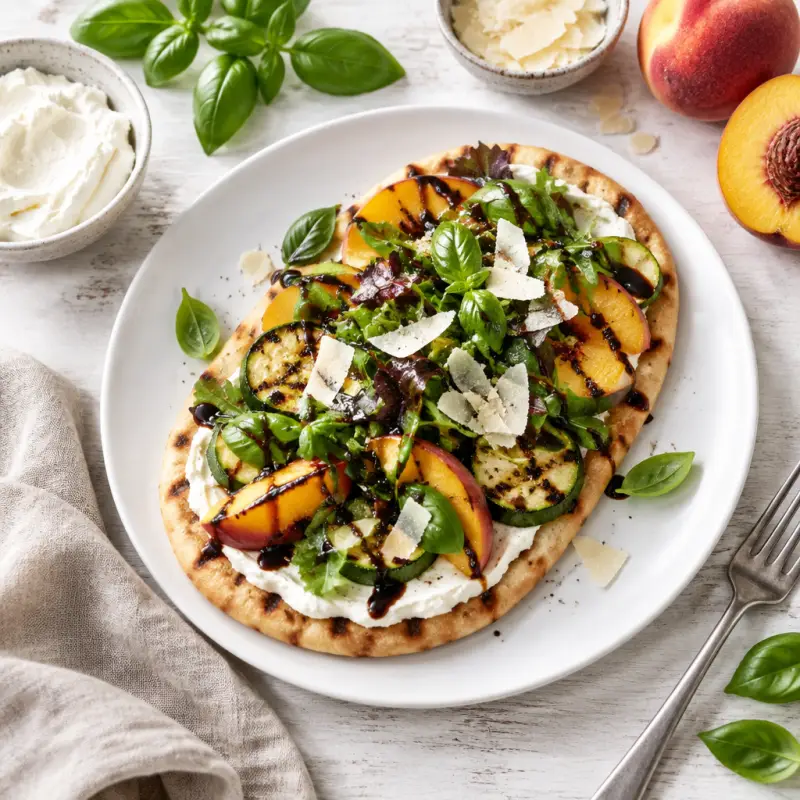 Grilled Peach-Zucchini Flatbread with Cream Cheese & Balsamic Greens, plated
