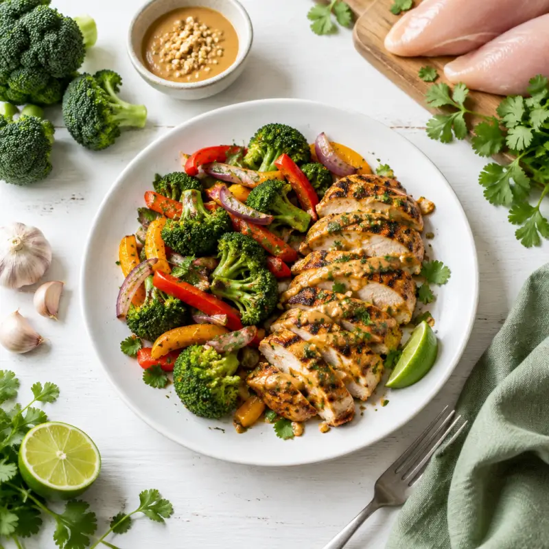 Grilled Peanut-Lime Chicken with Broccoli, Peppers & Onion, plated