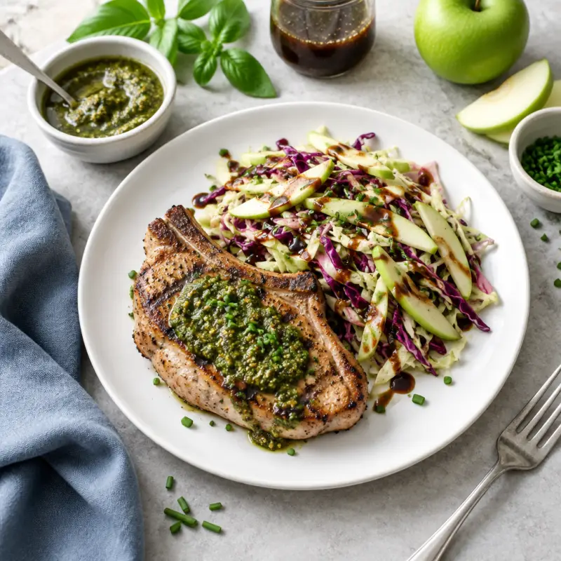 Grilled Pork Chop with Basil Pesto & Balsamic Apple-Cabbage Slaw, plated