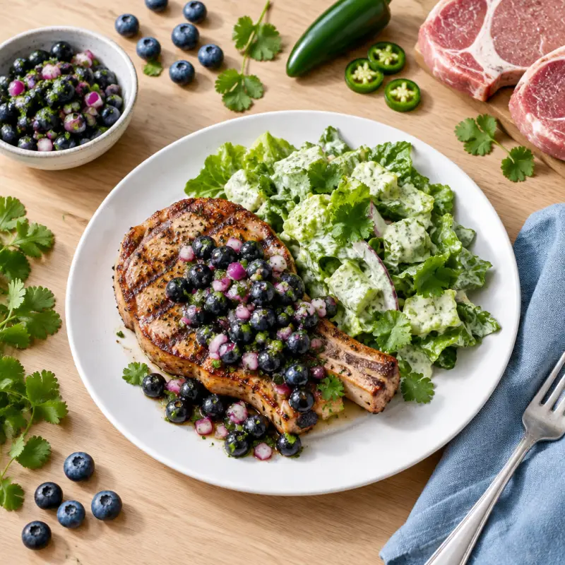 Grilled Pork Chop with Blueberry Salsa & Cilantro-Ranch Tossed Salad, plated