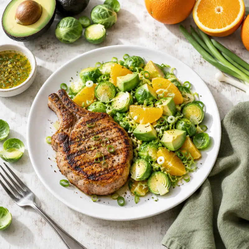 Grilled Pork Chop with Raw Brussels Sprout, Orange & Avocado Salad, plated