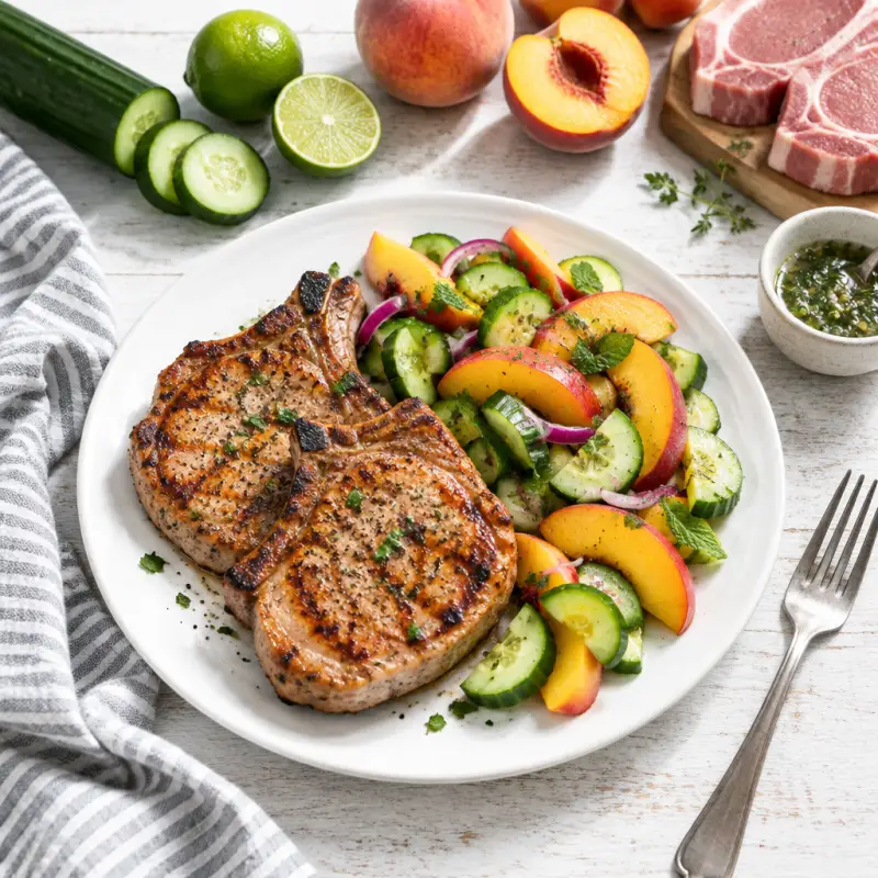 Grilled Pork Chops with Peach-Cucumber Salad, plated