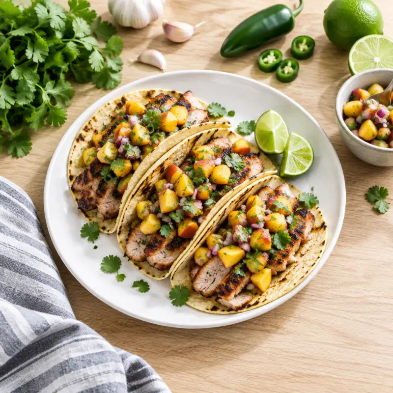 Grilled Pork Tacos with Fresh Peach-Lime Salsa, plated