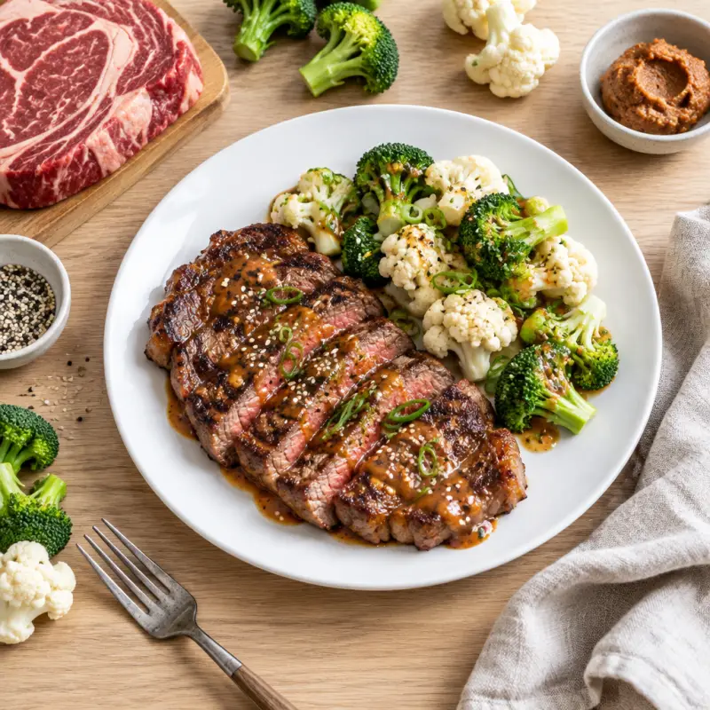 Grilled Ribeye with Spicy Miso Sauce & Sesame Steamed Veggies, plated