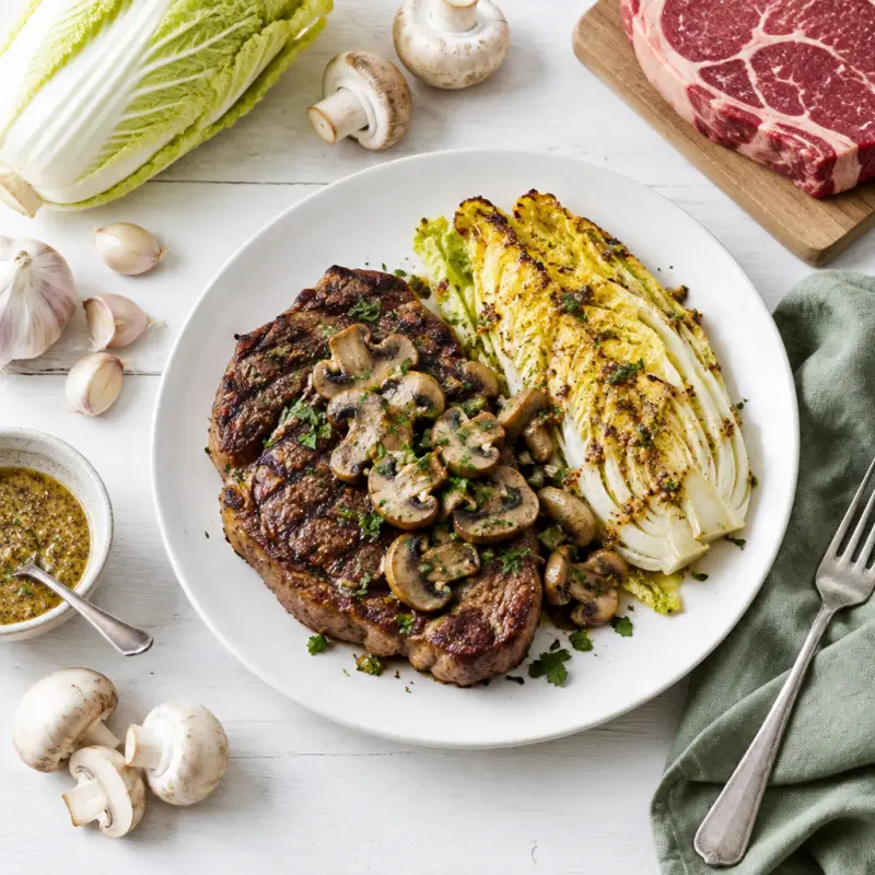 Grilled Ribeye Steak with Mushrooms & Dijon-Roasted Napa Cabbage, plated