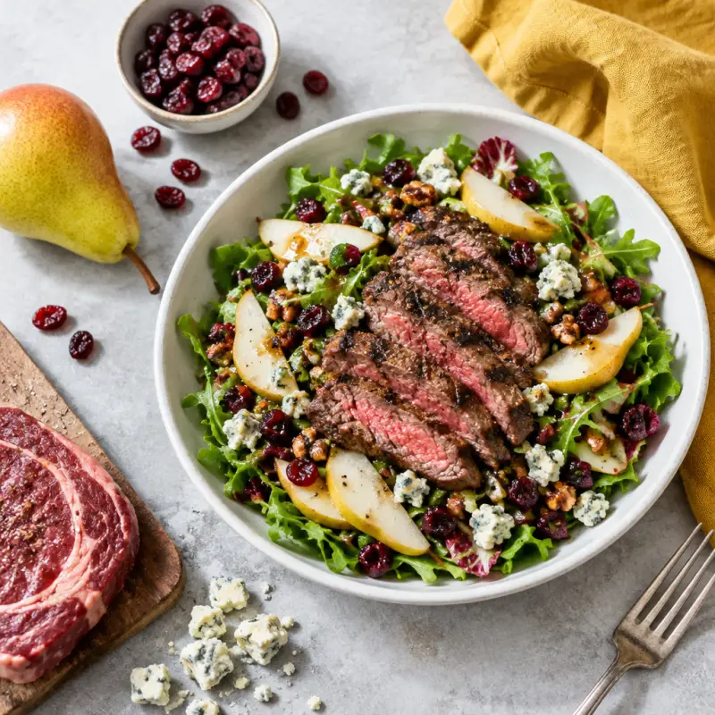 Grilled Ribeye Steak Salad with Pear, Blue Cheese & Cranberries, plated