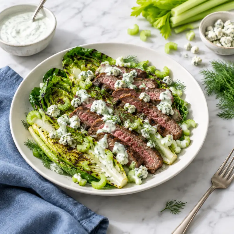 Grilled Romaine Steak Salad with Celery & Dill-Blue Cheese Dressing, plated