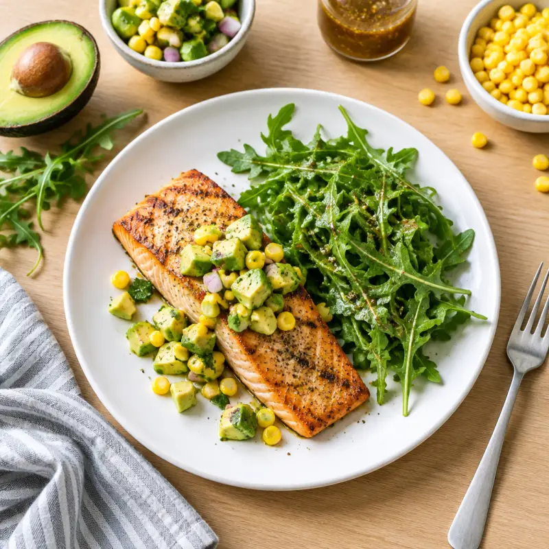 Grilled Salmon with Avocado-Corn Salsa & Dressed Arugula, plated
