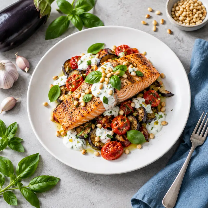 Grilled Salmon with Eggplant, Tomato, Yogurt Sauce, Basil & Pine Nuts, plated
