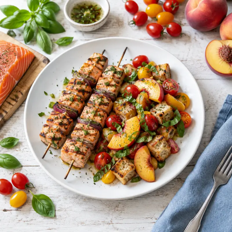 Grilled Salmon Kabobs with Peach & Tomato Panzanella Salad, plated