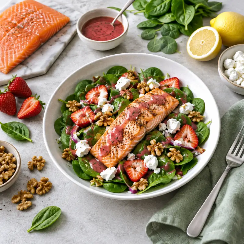Grilled Salmon Salad with Goat Cheese, Walnuts & Strawberry Dressing, plated