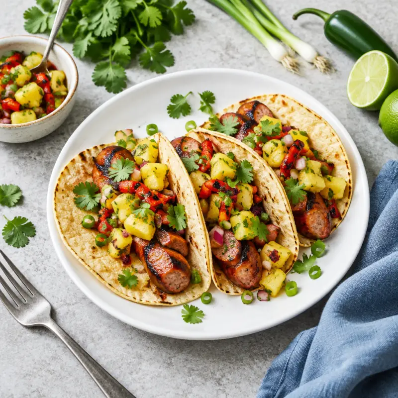 Grilled Sausage Tacos with Spicy Charred Pepper & Pineapple Salsa, plated