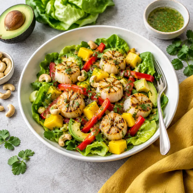 Grilled Scallop Salad with Mango, Bell Pepper & Cilantro Vinaigrette, plated