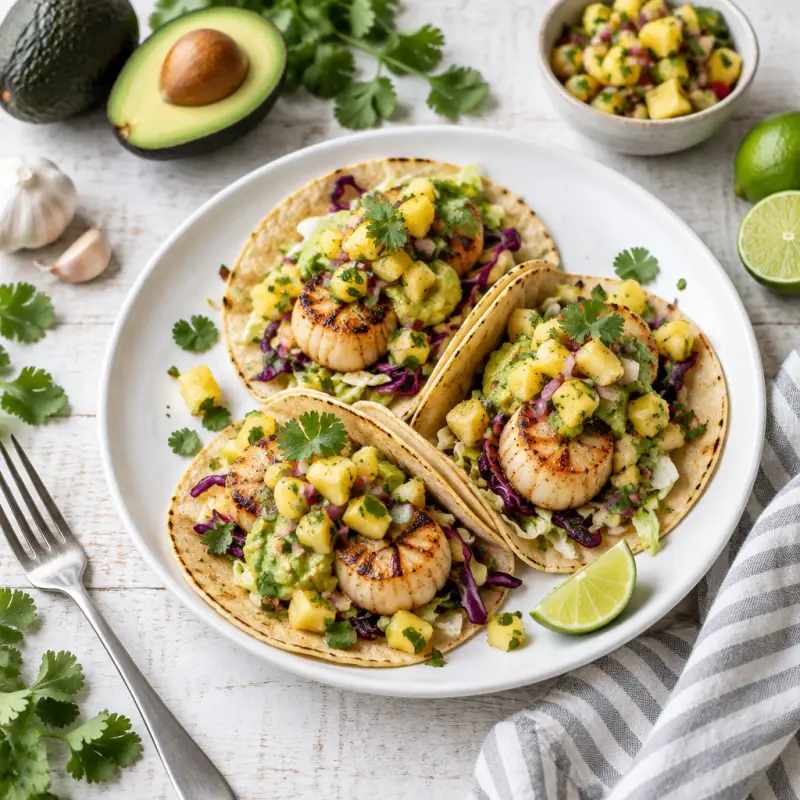 Grilled Scallop Tacos with Wilted Cabbage, Guacamole & Pineapple Salsa, plated