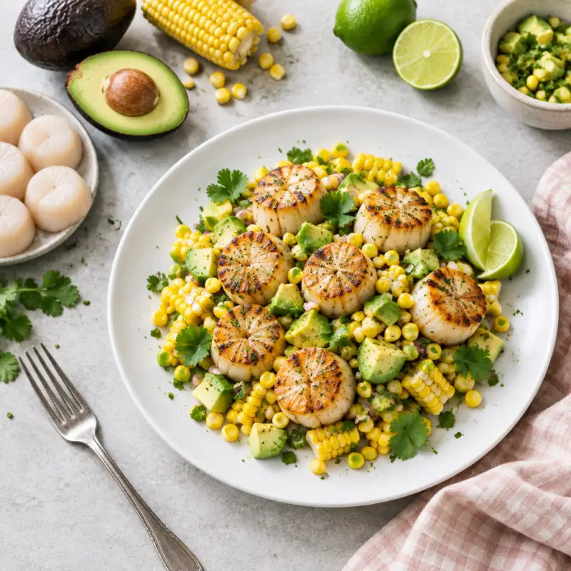 Grilled Scallops with Corn, Lime and Avocado Salad, plated