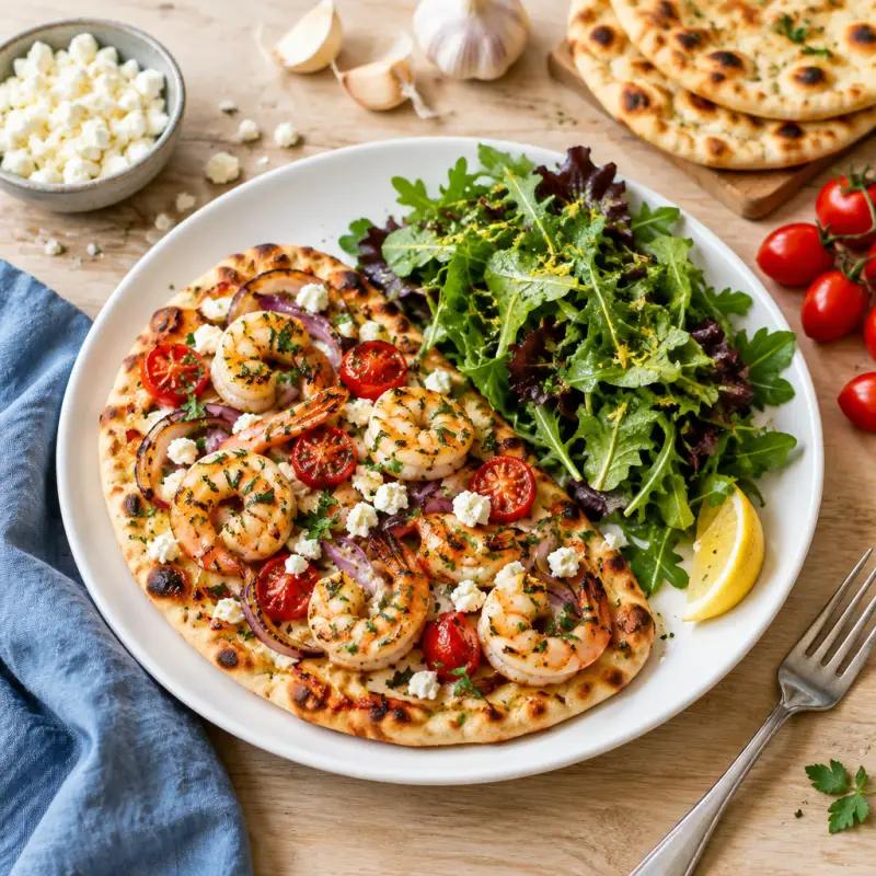 Grilled Shrimp, Onion & Tomato Pizza with Lemon-Parsley Mixed Greens, plated