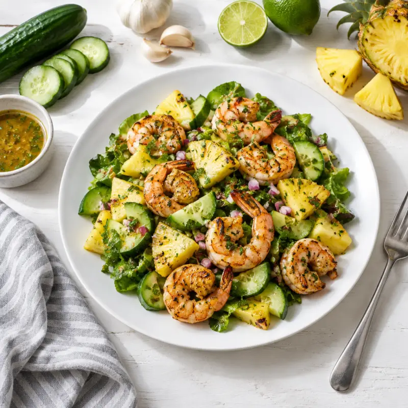 Grilled Shrimp & Pineapple Salad with Honey-Lime Dressing, plated